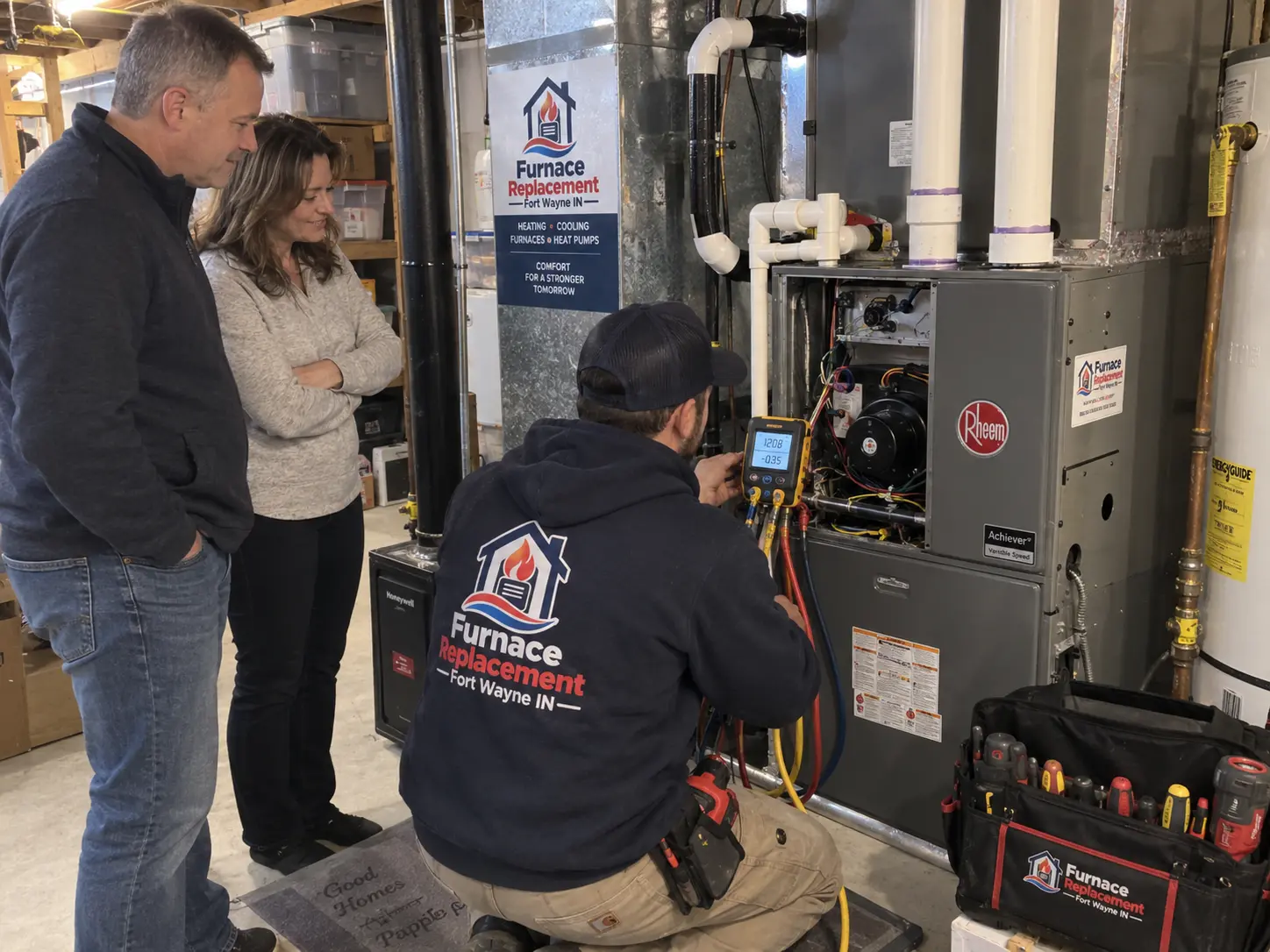 Technician testing a newly installed residential furnace with gauges while homeowners watch
