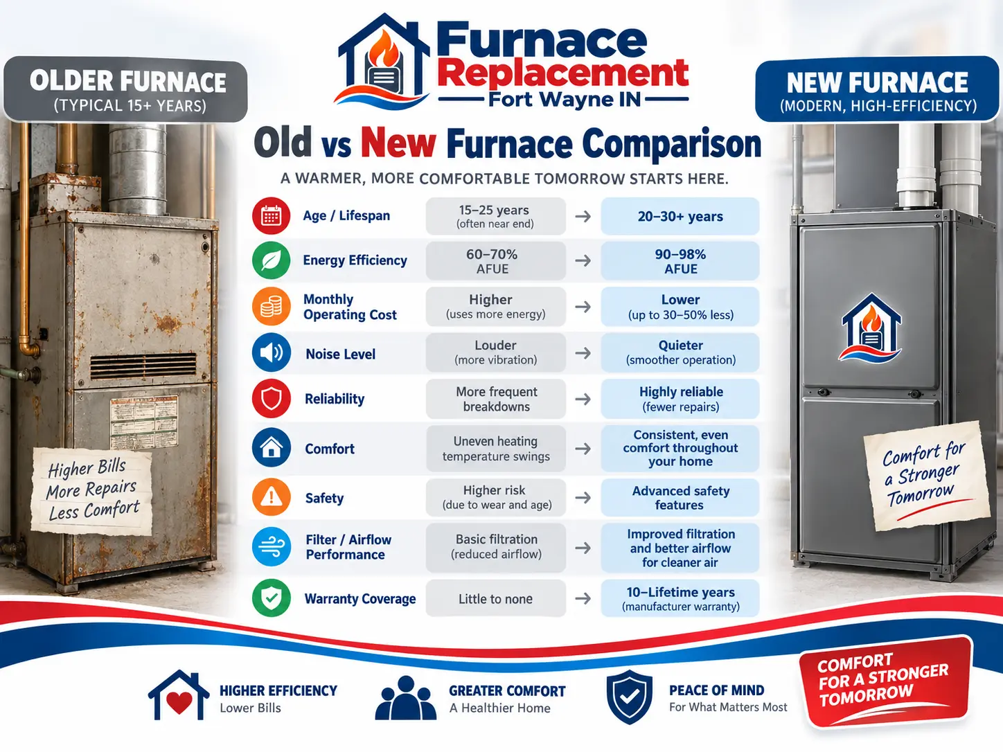 Illustrated comparison of an older corroded furnace beside a modern high-efficiency replacement furnace