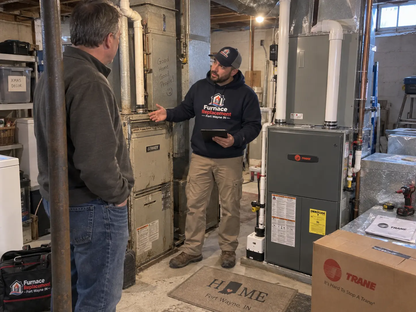 Technician comparing an older basement furnace with a newly installed high-efficiency unit